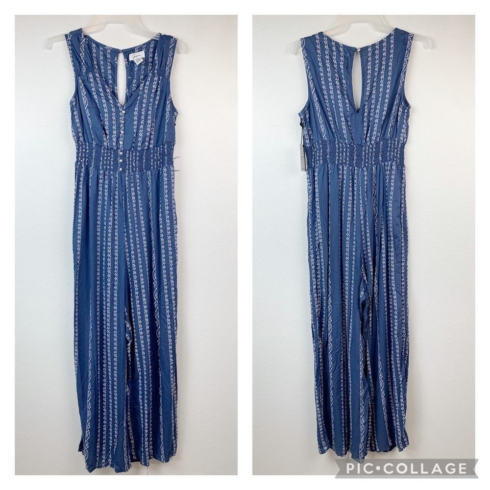 Japna sleeveless jumpsuit tribal print lightweight smocked waist wide leg, EUC